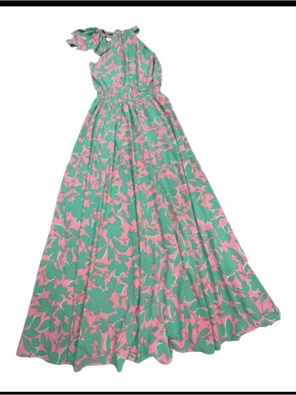 Meet Me in Santorini Green Pink Floral Halter Ruffle Lined Maxi Dress XS - Picture 2 of 8